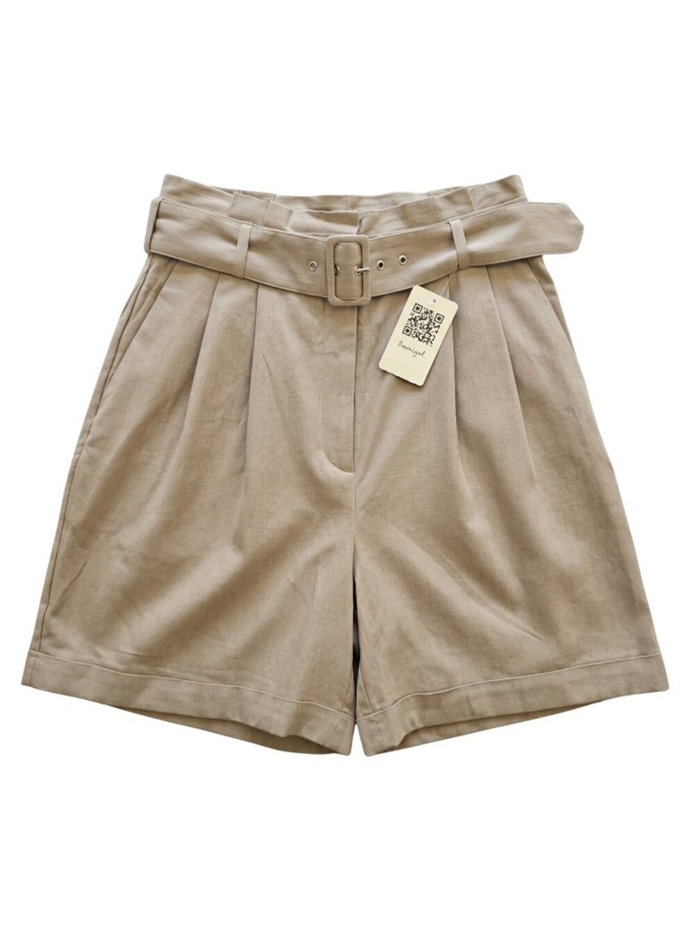 NWT | Women's Beige Tan High Waist Pleated Belted Bermuda Shorts Cuffed | Size 8